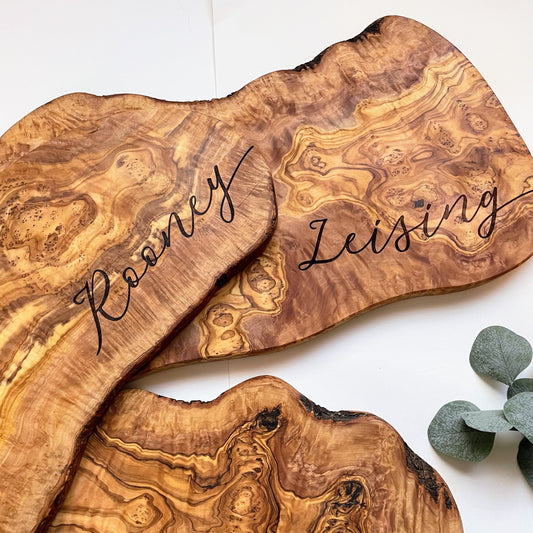 Custom Engraved Live Edge Olive Wood Charcuterie Board