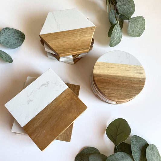 Marble/Acacia coaster set